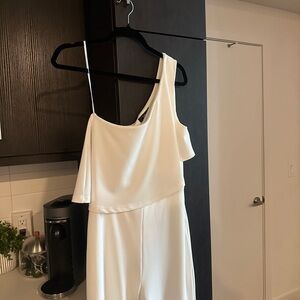 Lulu's Cream One-Shoulder Jumpsuit with Draped Bodice
